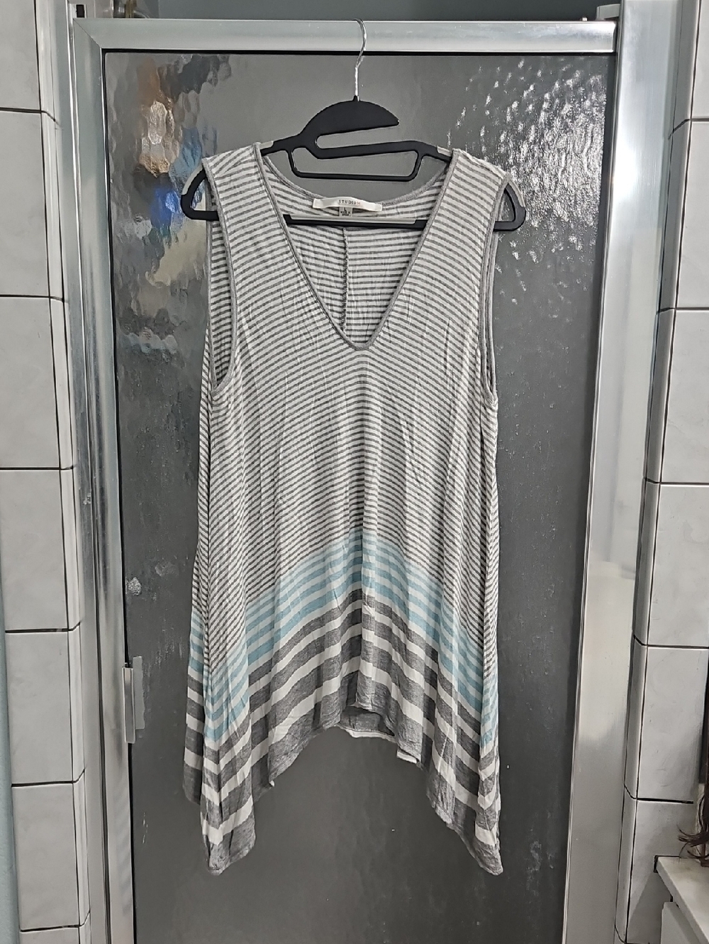 Studio M Sleeveless V-Neck Striped Tunic in Gray and Light Blue